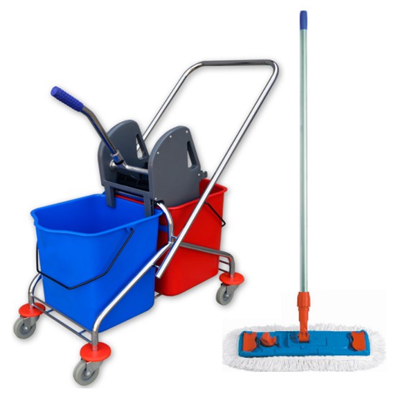 Chromowany zestaw do mycia podłóg 2 x 25 litrów z prasą oraz mopem płaskim 40 cm