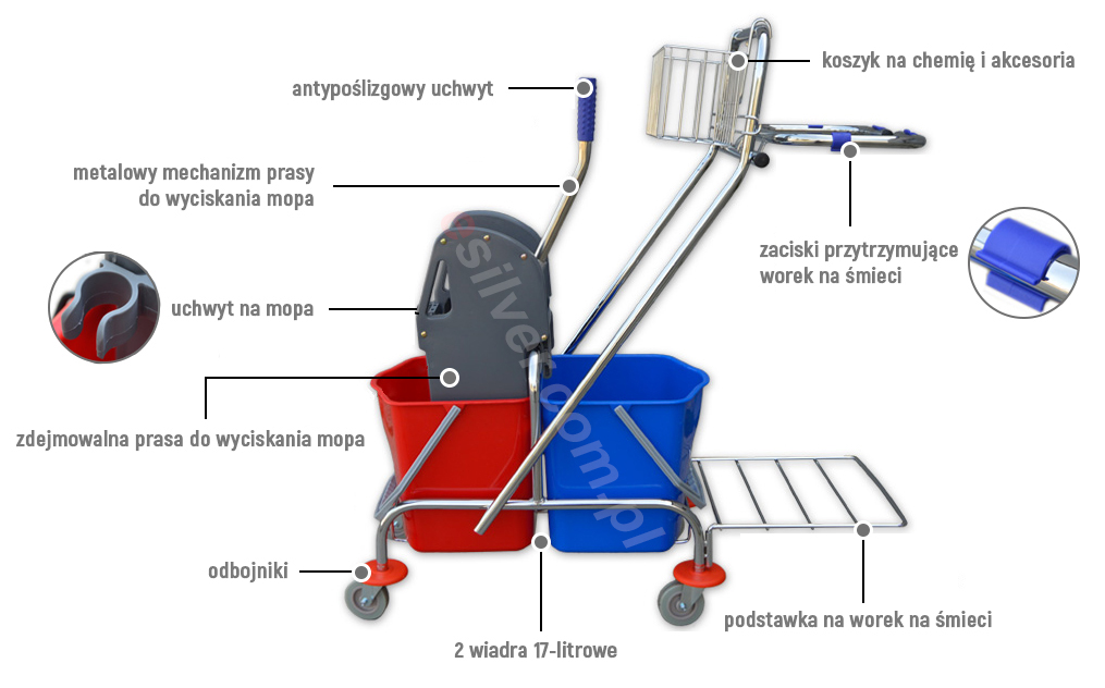 Wózek do sprzątania: 2 wiaderka, prasa, uchwyt worka na śmieci