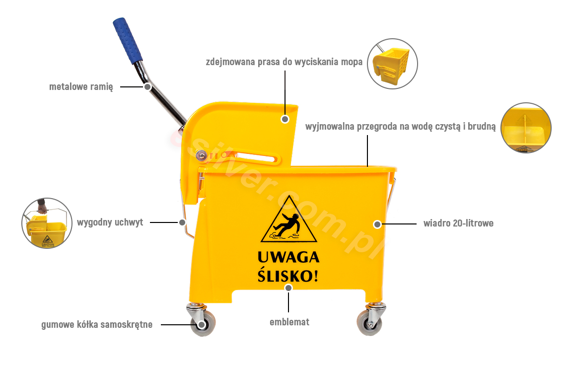 Wózek do sprzątania jednowiaderkowy 20 l z mopem sznurkowym